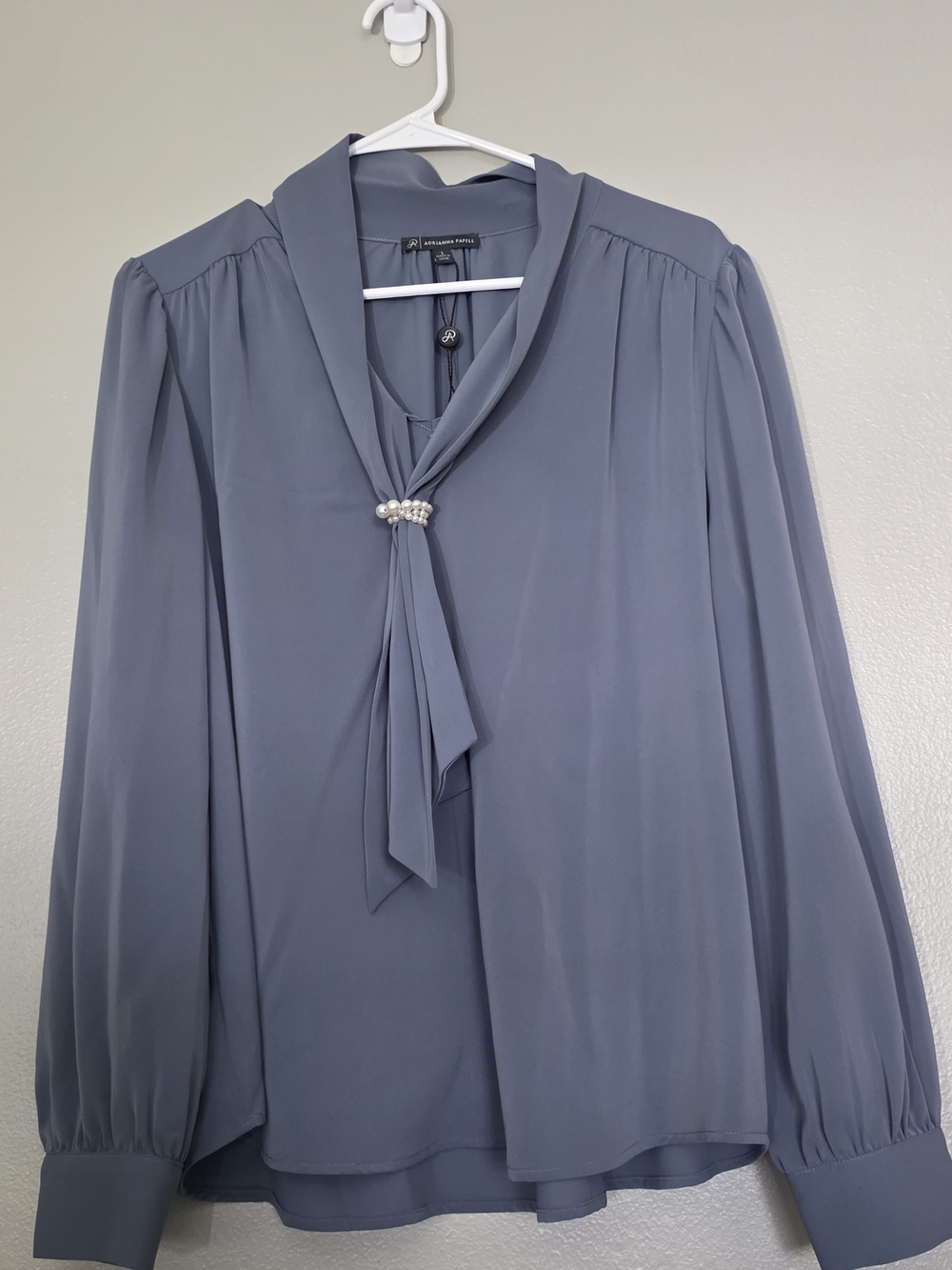 Adrianna Papell Slate Blue Tie-Neck Blouse with Pearl Accent